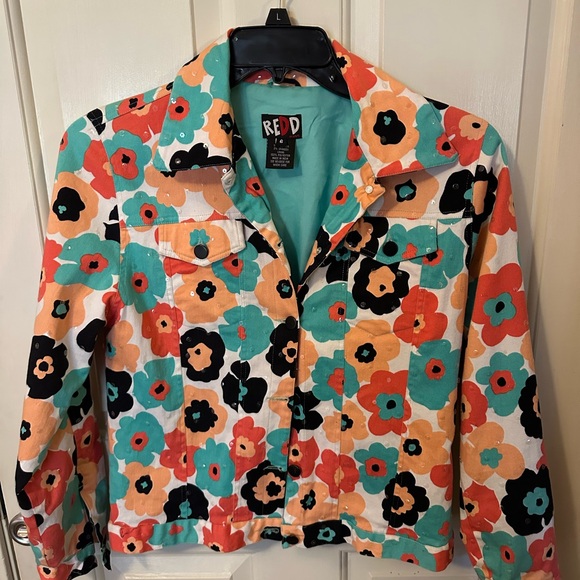 Red Jackets & Blazers - Red Multicolor Floral Jean Jacket